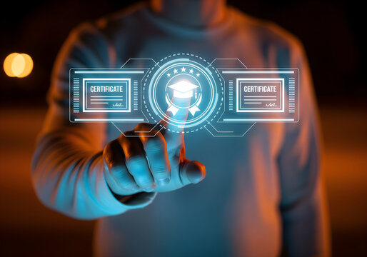 Man holding digital certificate icon with graduation cap, symbolizing online learning achievement. Concept of e-learning, remote education, and professional certification system.