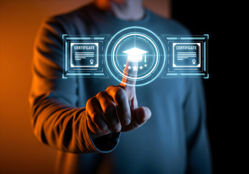 Man holding digital certificate icon with graduation cap, symbolizing online learning achievement. Concept of e-learning, remote education, and professional certification system.