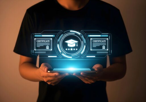 Man holding digital certificate icon with graduation cap, symbolizing online learning achievement. Concept of e-learning, remote education, and professional certification system.