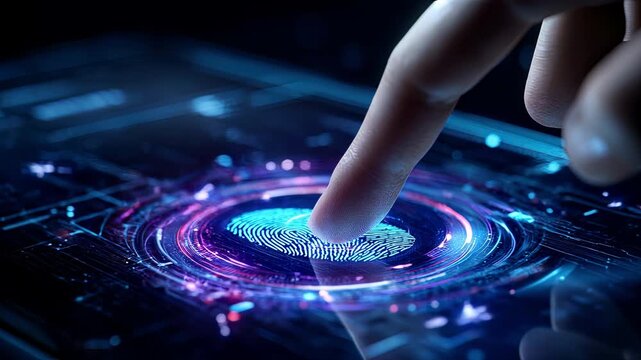 Finger pressing futuristic digital fingerprint scanner for biometric security authentication and identity verification - Powered by Adobe