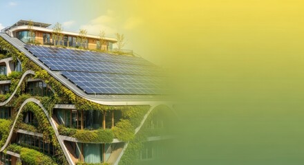 Eco-Friendly Building with Solar Panels and Greenery, Sustainable Architecture