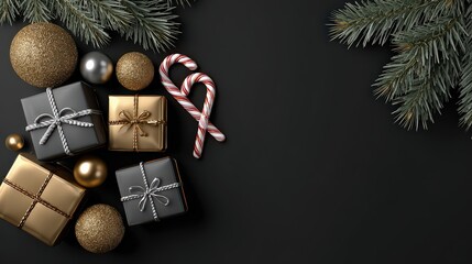 Festive Christmas Ornament Arrangement with Gold Silver and White Decorations on Black Background