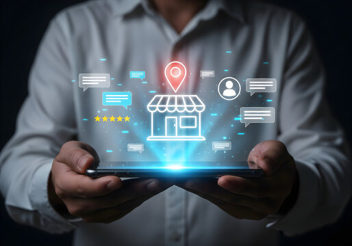 Local business reviews and customer feedback system on mobile device, showcasing star ratings for small businesses. Digital marketing, local SEO, and consumer experience in online business reviews