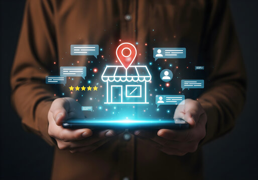 Local business reviews and customer feedback system on mobile device, showcasing star ratings for small businesses. Digital marketing, local SEO, and consumer experience in online business reviews