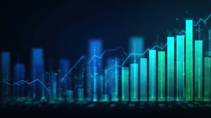 Financial Growth Graph with Teal and Blue Bars on Dark Background Data Visualization Shows Upward Trend in Illuminated Chart Presentation