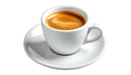 Fototapeta premium Creamy espresso in a white cup on a white saucer