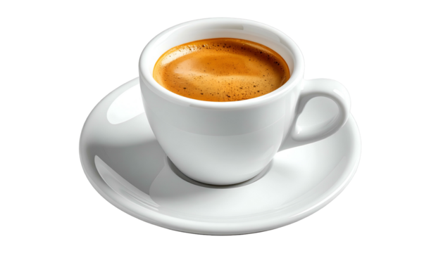 Creamy espresso in a white cup on a white saucer