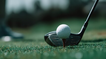 Golf Club And Ball On Tee On Green Grass
