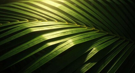 Obraz premium Close-up of vibrant green palm fronds, illuminated by sunlight