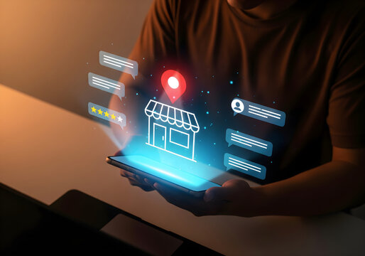 Local business reviews and customer feedback system on mobile device, showcasing star ratings for small businesses. Digital marketing, local SEO, and consumer experience in online business reviews