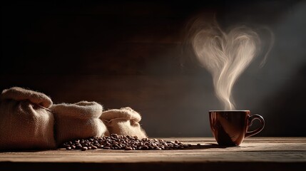 Steaming Coffee Cup with Heart Shaped Steam beside Sacks of Coffee Beans on a Wooden Surface with Dramatic Lighting