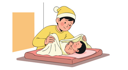 A cheerful parent changes or gently swaddles their content newborn baby on a changing pad.