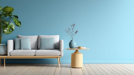 Modern Living Room Interior Design With Teal Wall And Gray Sofa Near Table With Decorative Items