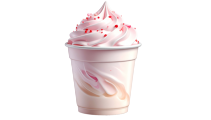 Swirled pink soft-serve treat in cup, topped with sprinkles