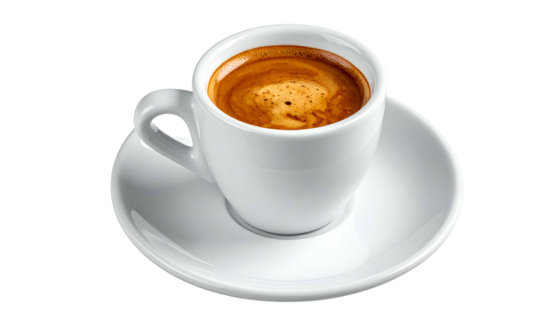 Steaming espresso in white ceramic cup and saucer on black background