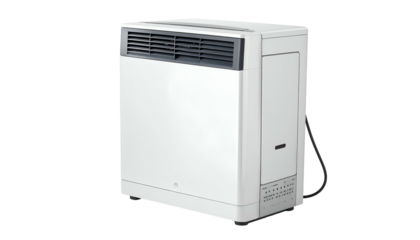 White rectangular appliance with vents & controls on black