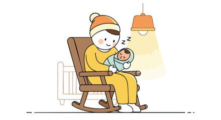A cozy parent wearing a beanie rocks their peacefully sleeping newborn baby in a wooden rocking chair under a warm lamp.