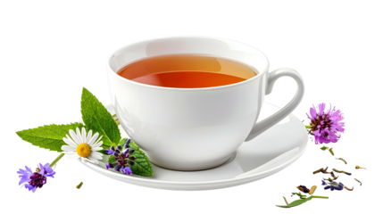 Tea cup, saucer, aromatic herbs, and flowers against black background
