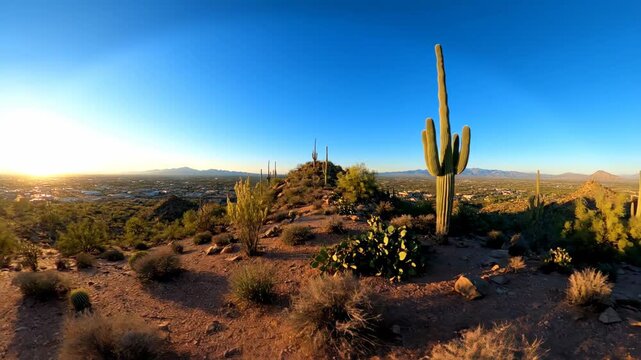 Desert landscape with cacti at sunset, sunny day