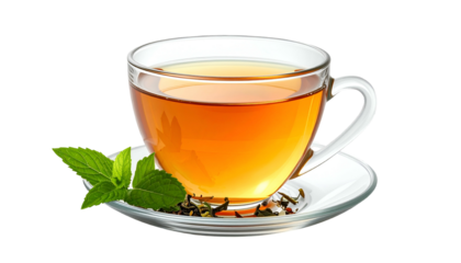 Glass cup of amber tea with mint garnish on white saucer