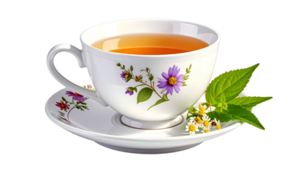 Tea cup with floral design & saucer, leaves, transparent bg