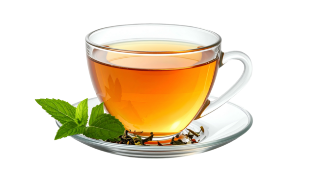 Glass cup of amber tea with mint garnish on white saucer