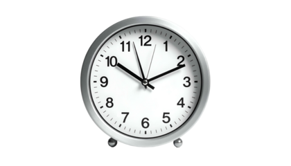 Silver alarm clock with white face showing 1058