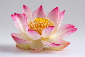 Studio Shot of Pink and White Lotus Flower with Yellow Center on White Background