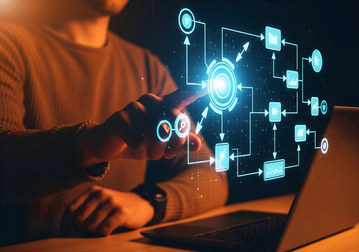 Business process and workflow automation with flowchart. Scheme of hierarchy management of corporate and processing management.