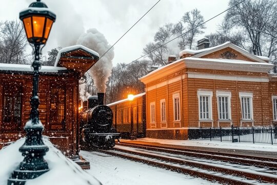 Vintage train station in snowfall