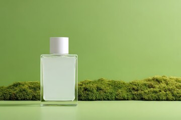 Transparent Perfume Bottle Displayed On Moss Against A Green Backdrop With Soft Lighting