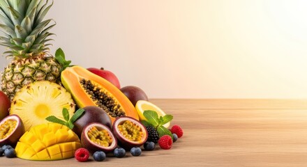 Exotic fruit medley composition on a rustic wooden surface, healthy eating concept