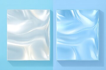 Two Rectangular Glass Panes with Wavy Textures Reflecting Light on a Split Blue Background
