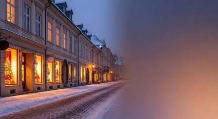 Enchanting Winter Streetscape with Festive Christmas Shop Displays at Dusk
