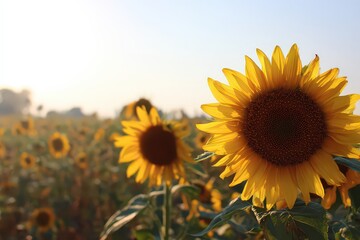 Vibrant Sunflower Field Illuminated By Golden Sunlight with Blurred Background Under Bright Sky