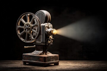 Vintage Film Projector Emitting Beam Of Light Against Black Background