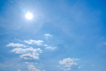 Soft white cumulus clouds spread through a bright blue sky, giving a beautiful cloud landscape with open copy space.