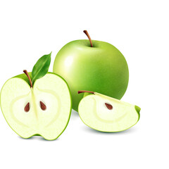 Realistic Green Apple Fruit Set With One Whole Apple One Half Apple And One Slice Apple With Green Leaves Isolated On White Background Studio Lighting
