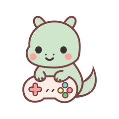 Fototapeta premium Cute Kawaii Dinosaur Gamer with Controller Vector Illustration