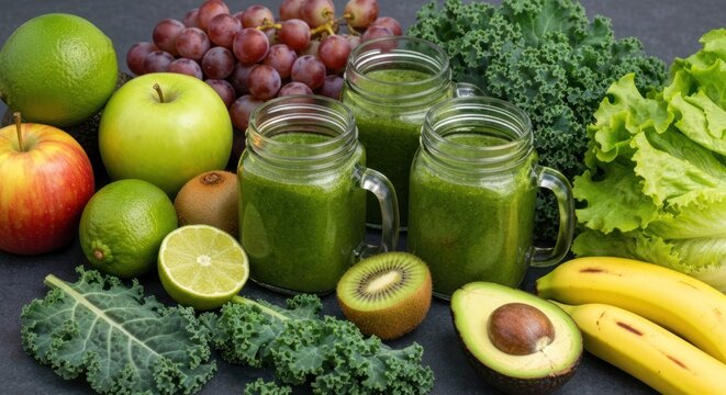 Fresh fruit and green smoothies arranged on a dark surface