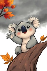 Cartoon koala bear sitting on a tree branch with autumn leaves smiling