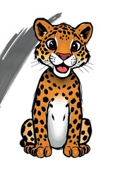 Cartoon leopard illustration with spots and friendly expression on white background
