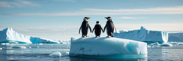Fototapeta premium Emperor penguins family standing together on an iceberg in Antarctica