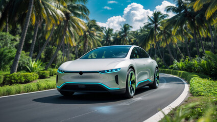 Fototapeta premium Modern electric car driving on a tropical road with palm trees in the background