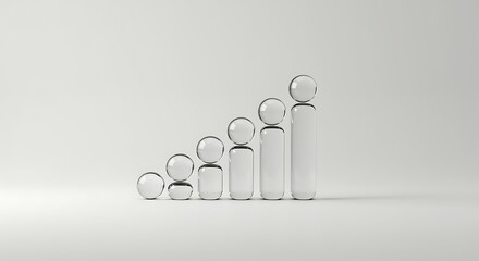 Transparent glass figures ascending in size on a white background growth progress