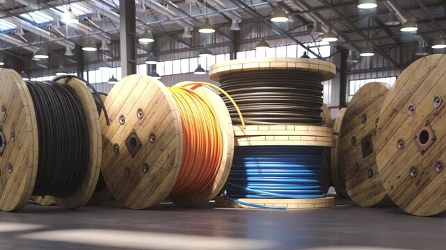 Fiber optic internet cable spools and coils in a warehouse of cable factory, 3d animation