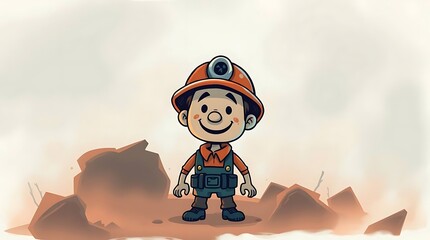 Cartoon miner standing among rocks concept for labor safety or industry