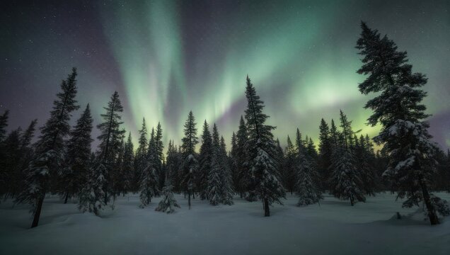 Aurora Borealis over a Snowy Forest - A Nighttime Spectacle. - Powered by Adobe