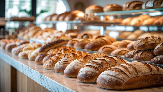 Freshly baked artisan bread display in a bakery setting