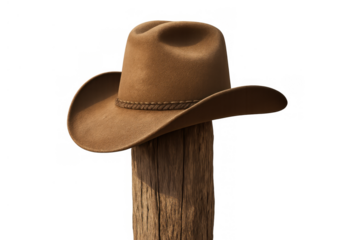 Cowboy hat resting on wooden post against transparent background, symbolizing american west culture and country living